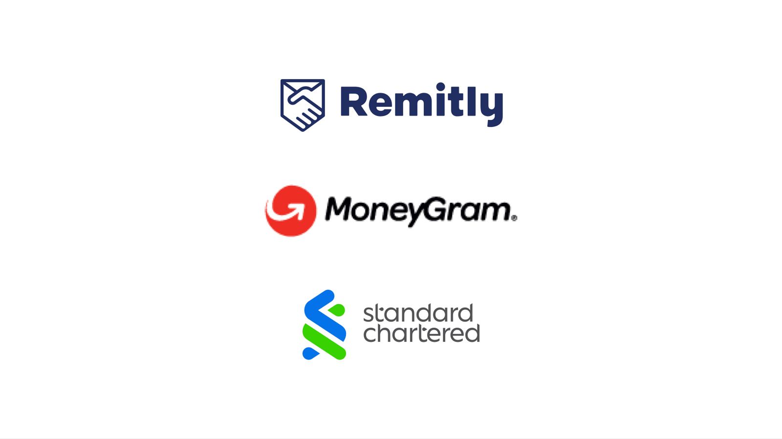 Logos for Remitly, MoneyGram, and Standard Chartered Bank.
