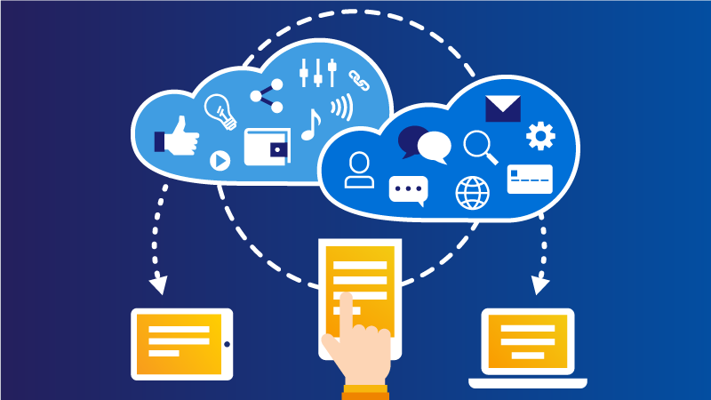 Various digital media thumbnails in a cloud with arrows pointing to a laptop and tablet.