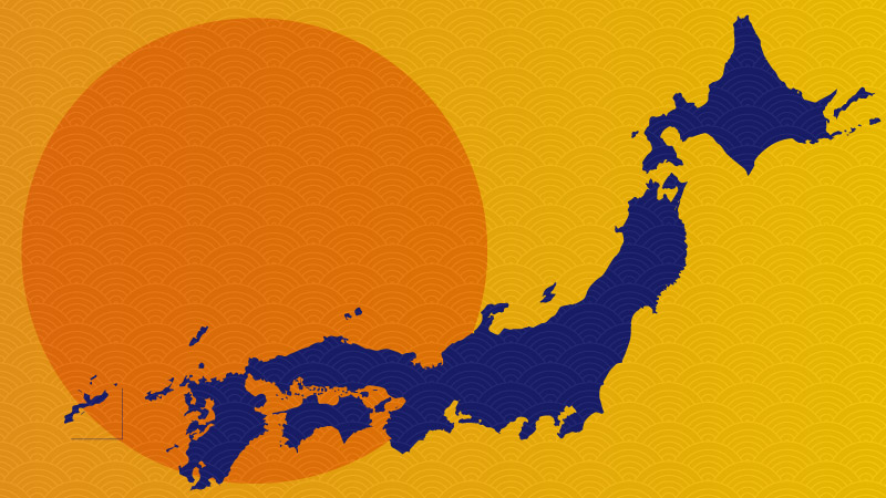 Map of Japan against an orange sun.