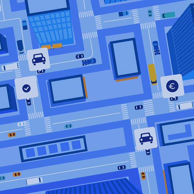 An illustration of an overhead view of ridesharing options on city streets.