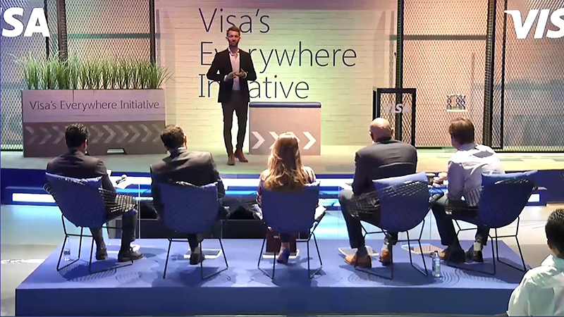 Visa Everywhere Initiative pitch coaching session with speaker and five participants.