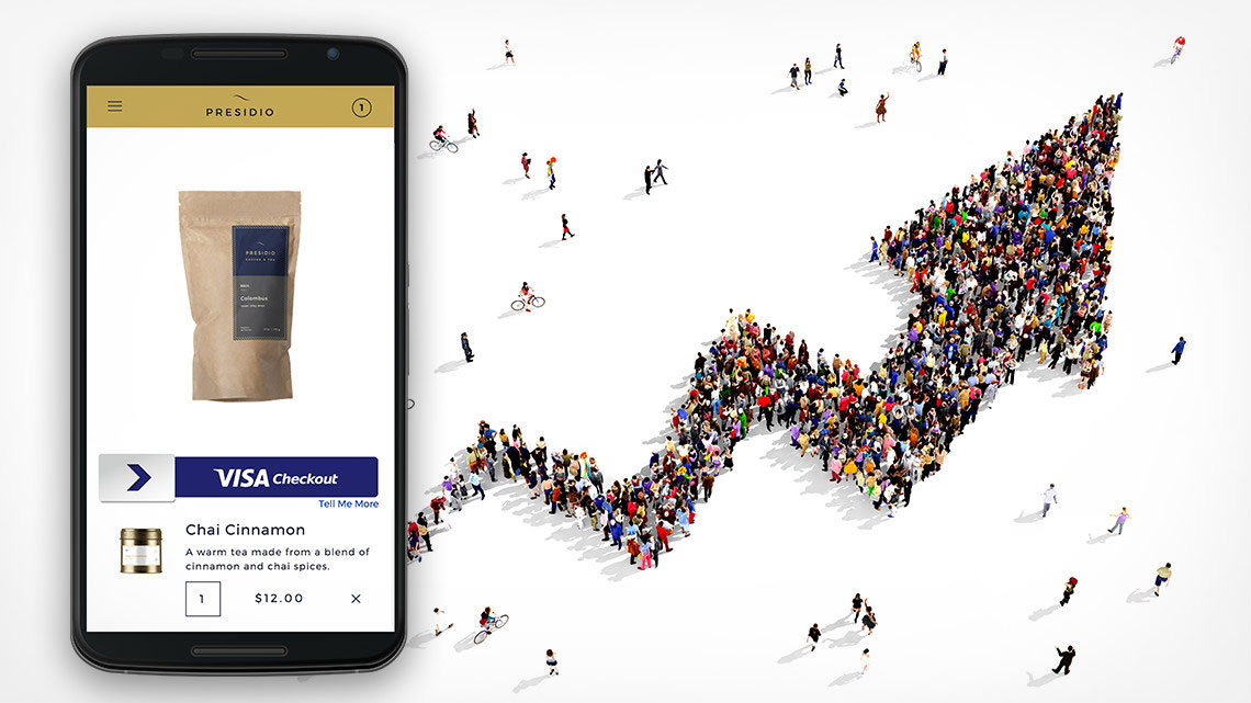A mobile phone displaying a Visa Checkout button for an online purchase with an illustration starting from the bottom-right of the phone of a human-formed upward trending arrow. 