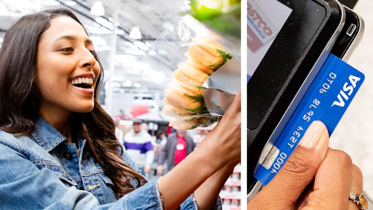 Composite: woman shopping at Costco for flowers, female customer swiping Visa chip card.