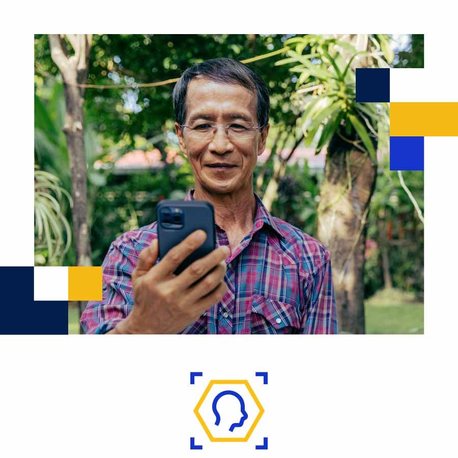 man using mobile above a visa person icon