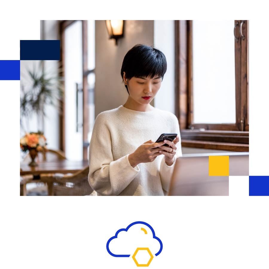 woman using mobile above visa cloud icon