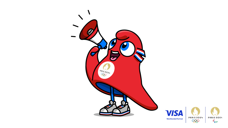 olympic mascot with visa paris 2024 olympic logo
