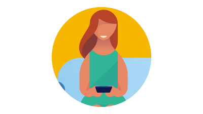 Icon of a woman sat on a sofa using mobile phone